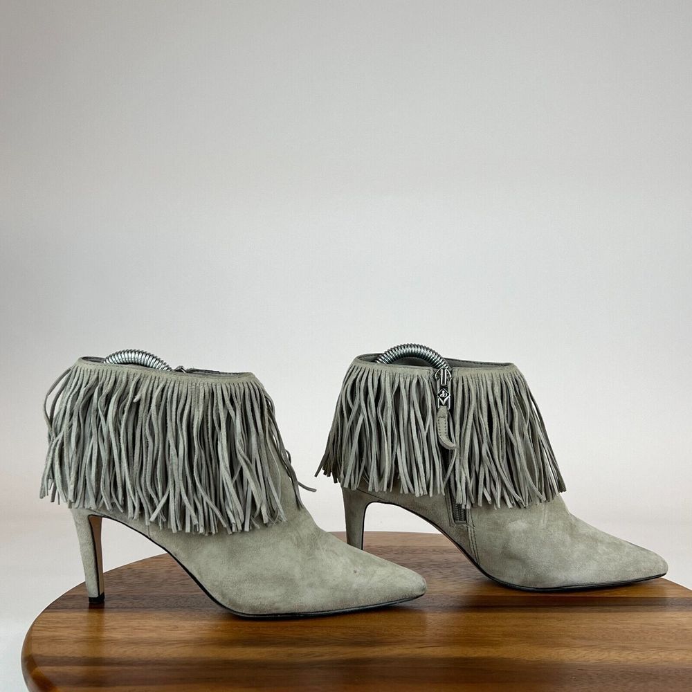 Womens Sam Edelman Kandice Gray Suede Fringe Heeled Ankle Booties Size 6.5 M GUC